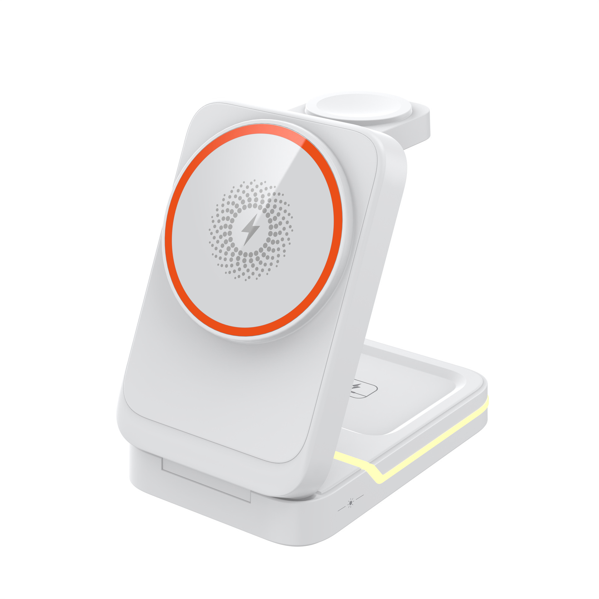 Soporte de carga inalámbrico magnético tres en uno, plegable y de almacenamiento, luz nocturna, para auriculares, reloj, teléfono móvil, cargador inalámbrico vertical de carga rápida