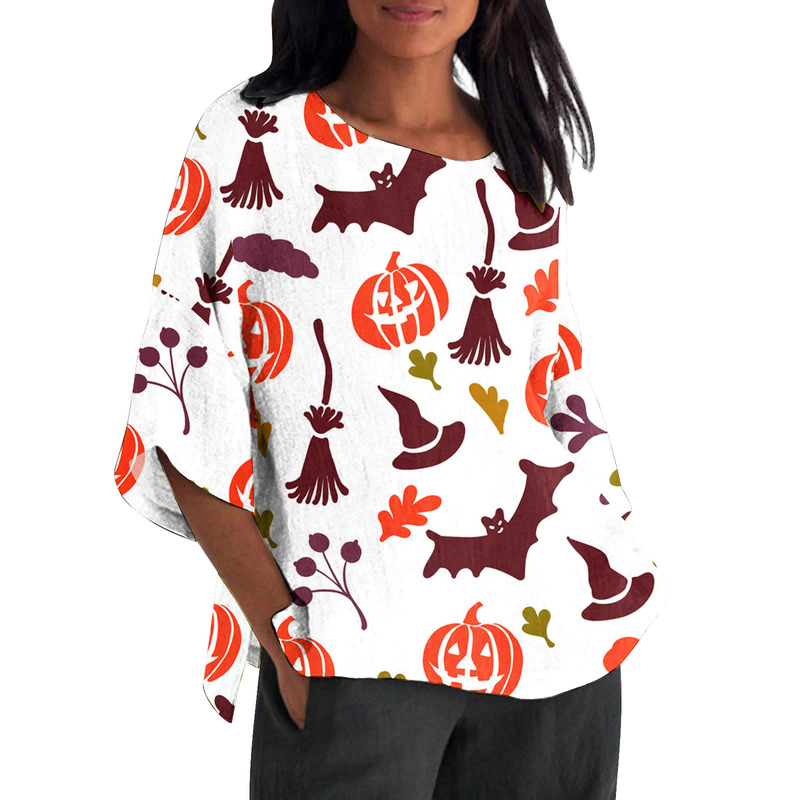 2025 Cross-Border Amazon Halloween Pumpkin Pattern Printed Women's Casual Top 3D Digital Printed Shirt
