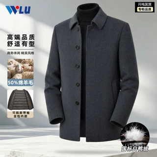男式大衣秋冬季翻领中长款加厚羽绒内胆中老年爸爸装双面呢子外套