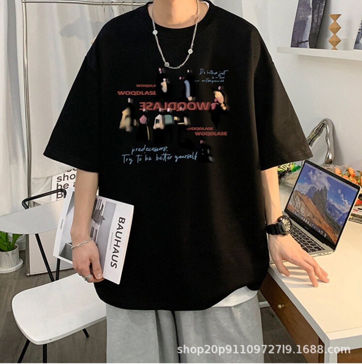 American Retro Heavyweight Casual Short-Sleeve Top for Men, Summer Loose Fashion Versatile Trendy Plus-Size Half-Sleeve Shirt