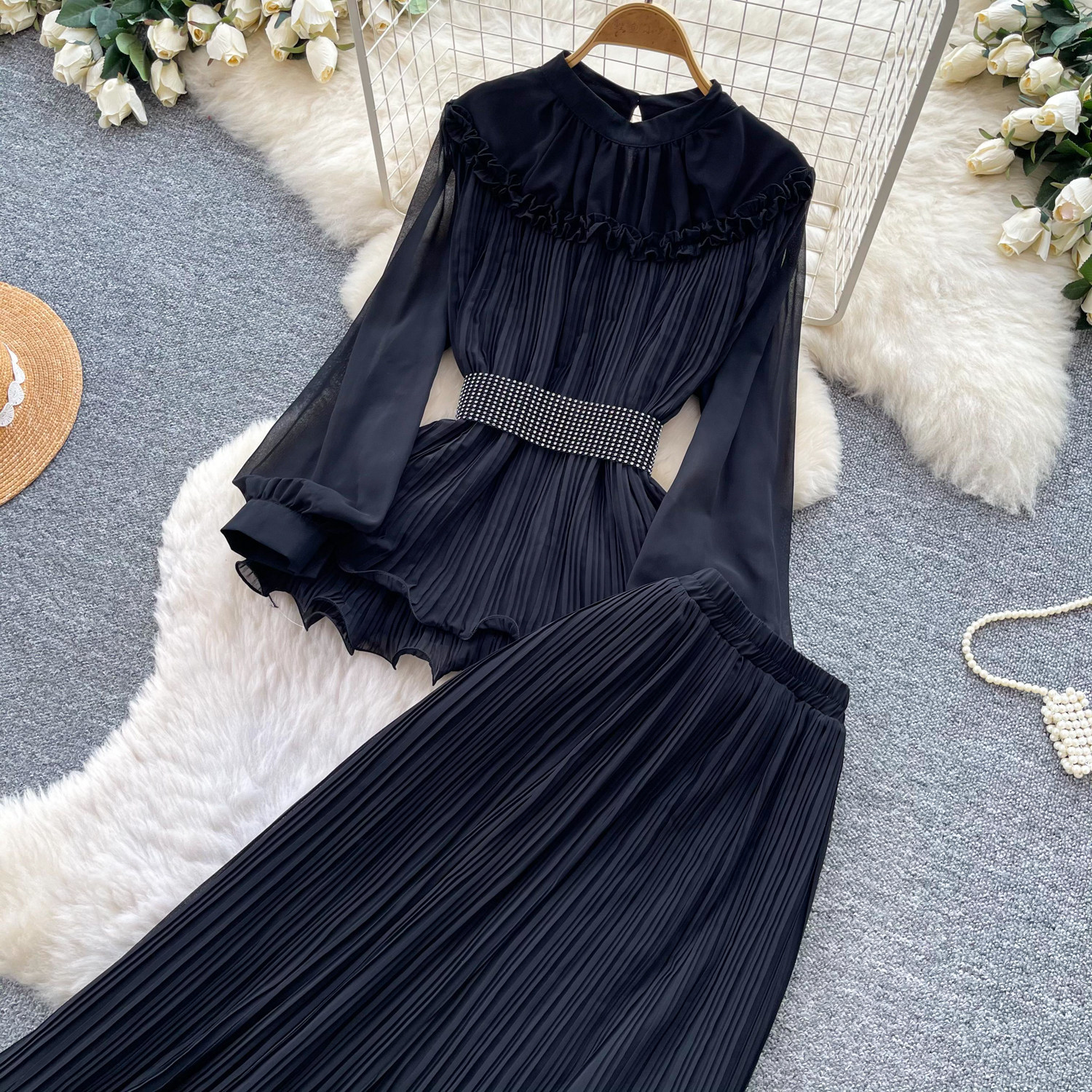 French Office Style Purple Lantern Sleeve Belted Ruffle Midi Dress For Women | Autumn Elegant Two-Piece Set_ecoleips.com