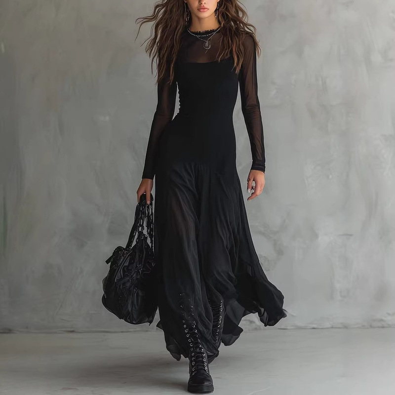 2026 New European and American Women's Fashion Sexy and Elegant Mesh Patchwork Dress 2026 New European and American Women's Fashion Sexy and Elegant Mesh Patchwork Dress