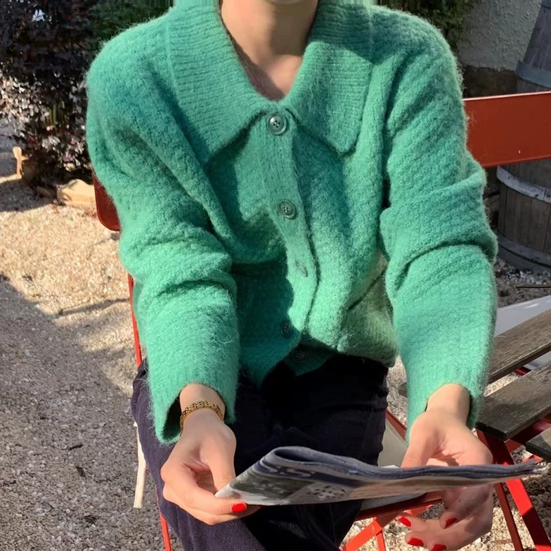 Модная куртка с отворотом свитер женский 2024 осень-зима новая корейская версия свободного внешнего ношения толстый вязаный кардиган