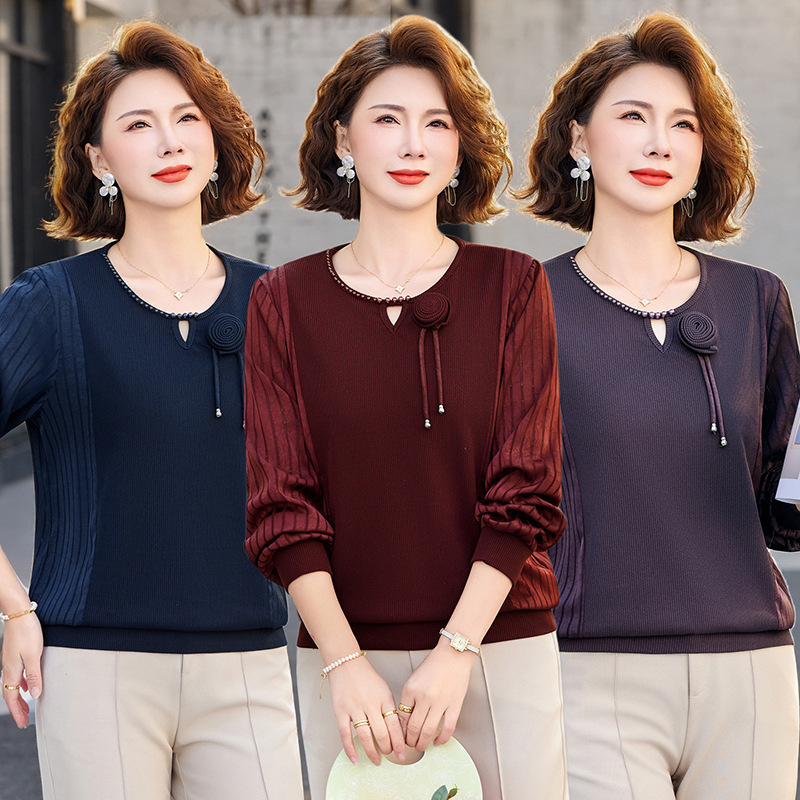 Spring New Style Round Neck Patchwork Knitted Base Shirt for Middle-Aged and Elderly Women, Fashionable and Elegant Loose Slimming T-Shirt Spring New Style Round Neck Patchwork Knitted Base Shirt for Middle-Aged and Elderly Women, Fashionable and Elegant Loose Slimming T-Shirt