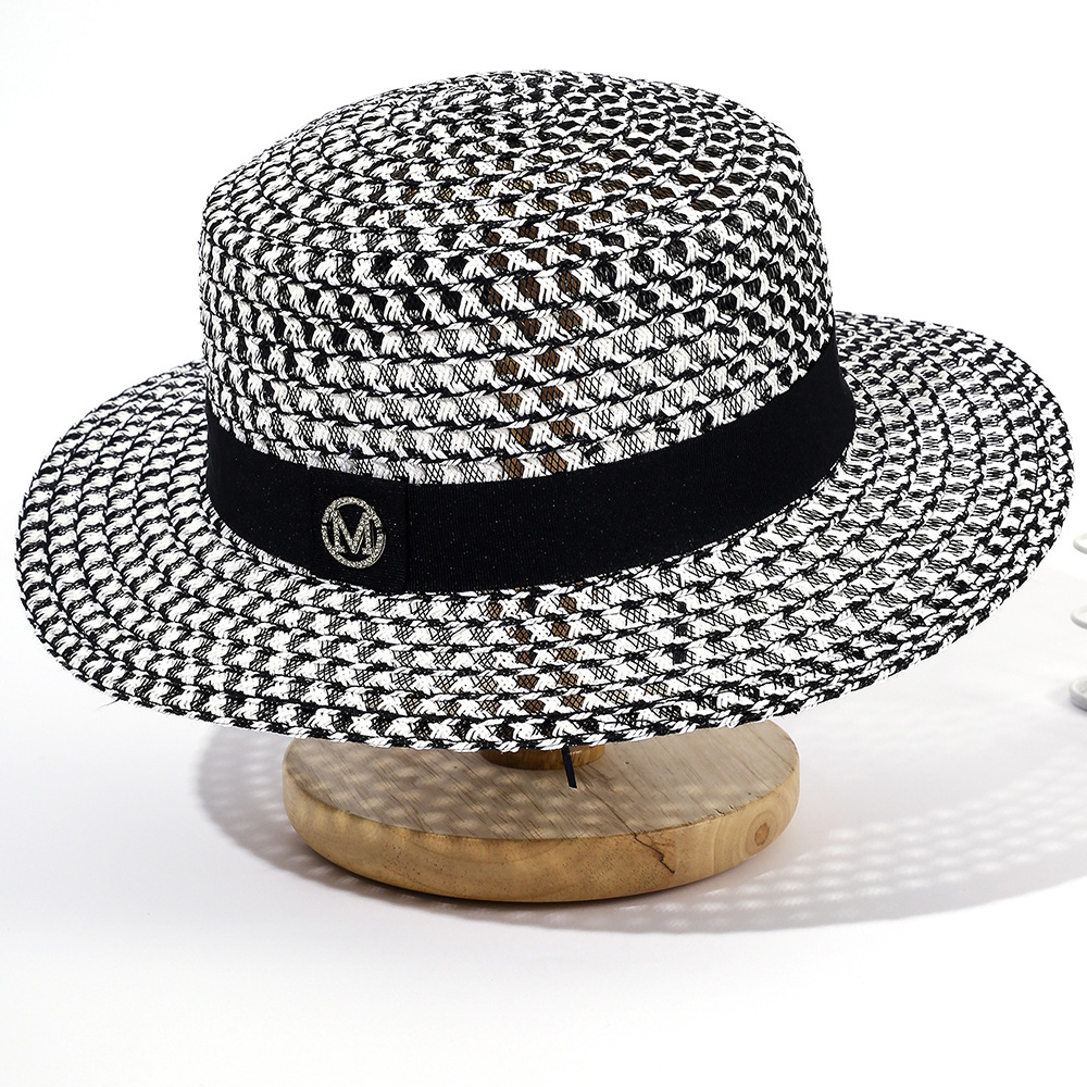 Sombrero de paja de las mujeres de verano tejida sombrero plano protección solar M diamante sombrero de copa buena textura sombrero de paja de viaje al aire libre
