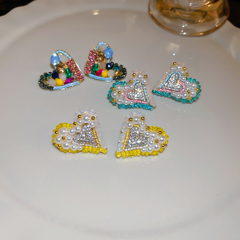 Cute Heart Shape Copper Plating Rhinestones Earrings 1 Pair