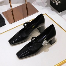 5288-K88 Style Banquet Coarse Heel Middle Heel Shallow Mouth Small Square Head One Word with Water Diamond Buckle Single Shoes Spring and Autumn Women's Shoes