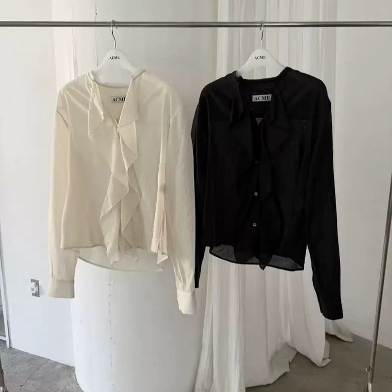 Fan Sun·Xh Korean-Style Elegant and Gentle V-Neck Slimming Top, Dongdaemun New Summer Ruffled Long-Sleeve Shirt Fan Sun·Xh Korean-Style Elegant and Gentle V-Neck Slimming Top, Dongdaemun New Summer Ruffled Long-Sleeve Shirt