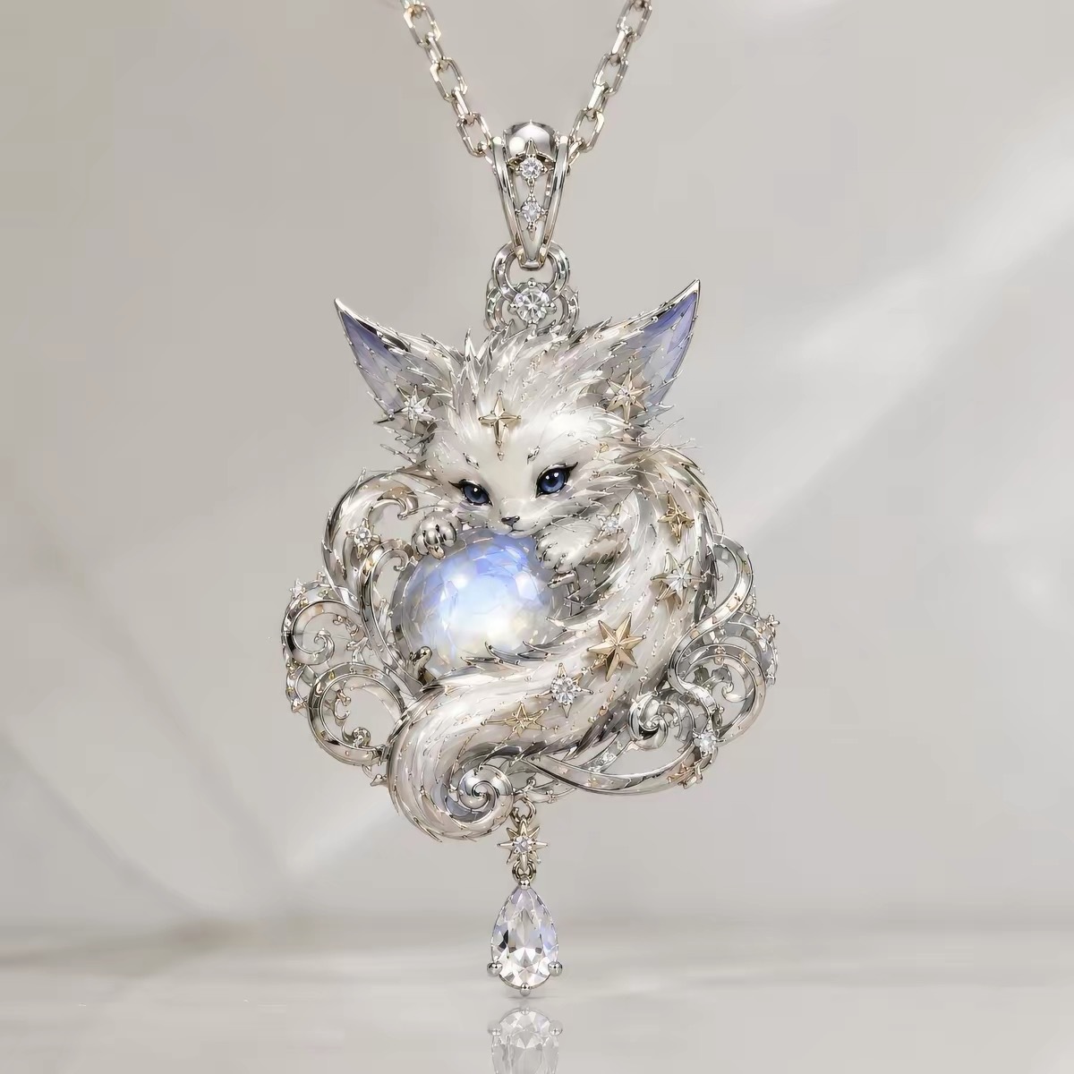Titanium Steel Moon Velvet Fox Pendant Necklace for Women, Vintage Iridescent Fox Pendant, Light Luxury Chinese Style Clavicle Chain, Gift in Stock