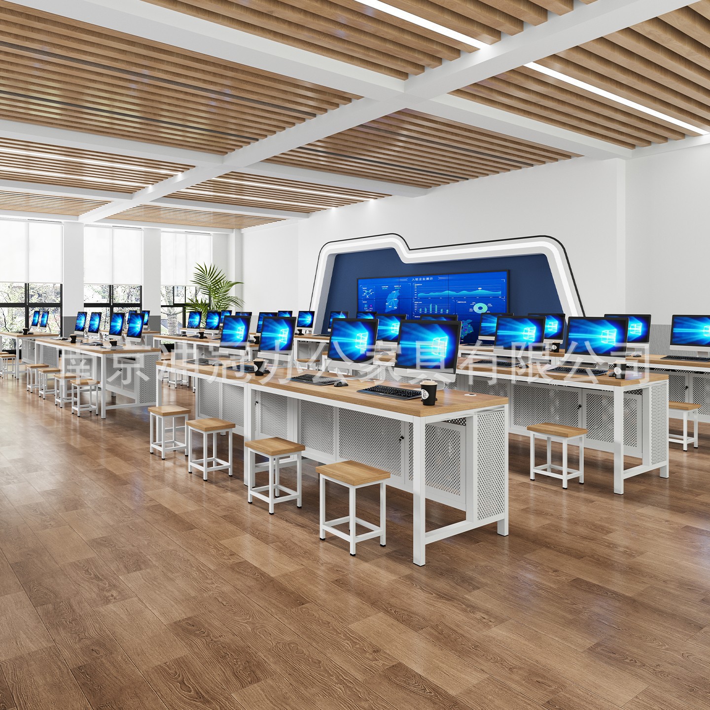 Double Computer Desk and Chair Set, a Complete Set of School Computer Room Desks and Chairs, Side-By-Side Examination Table, Student Desk and Chair Set