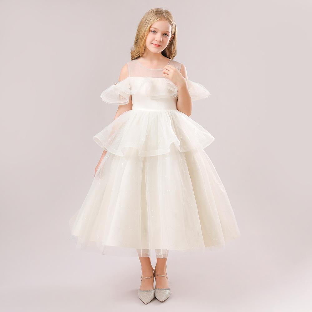 Nuevo vestido de noche para niñas vestido de princesa hinchado de malla vestido de anfitrión fuera del hombro vestido de Día de los niños