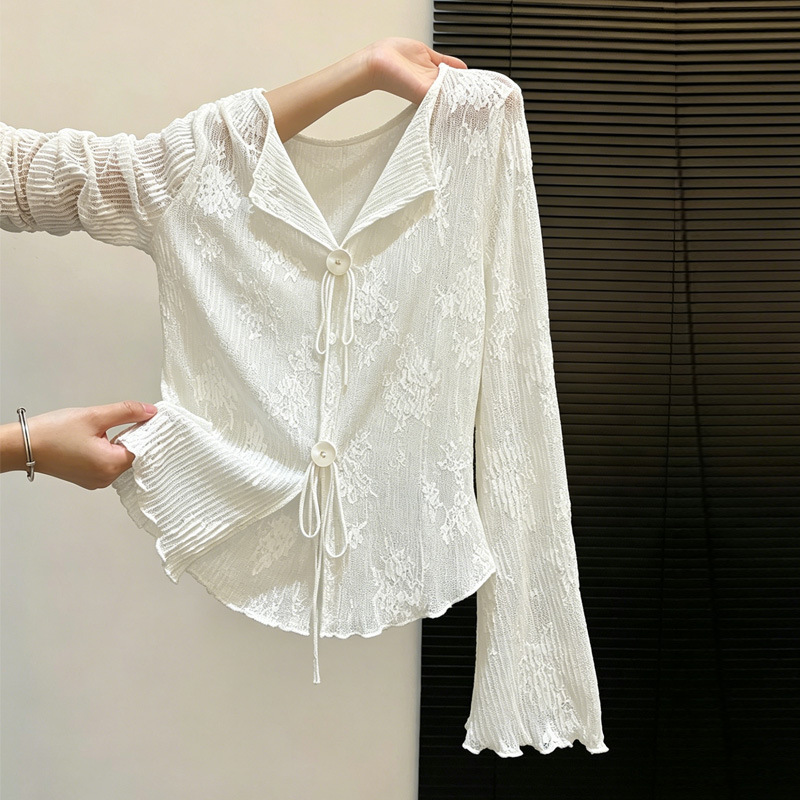 Jacquard off-white textured V-neck tie-up T-shirt for women, unique for spring and summer, sun-protective, slim-fit, with bell sleeves, trendy top Jacquard off-white textured V-neck tie-up T-shirt for women, unique for spring and summer, sun-protective, slim-fit, with bell sleeves, trendy top
