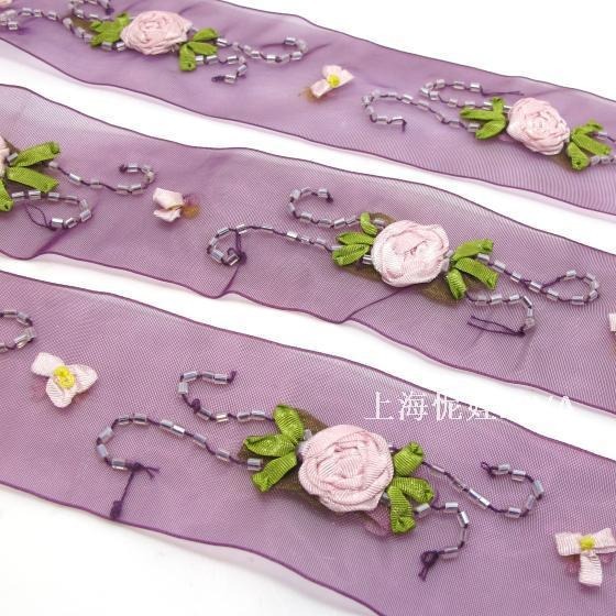 怩娃现货38mm手工缝珠雪纺丝带/服饰鞋帽/DIY辅料装饰带/欢迎批发