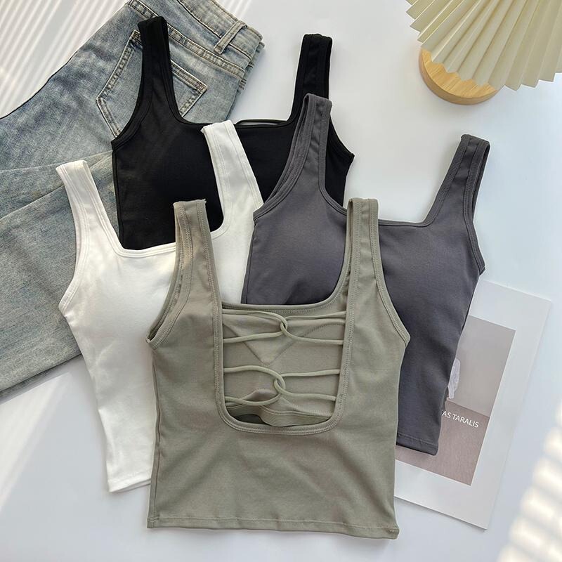 Summer Spice Girl Camisole Women's Outer Wear with Chest Pad Inner Cross Design Wide Shoulder Beautiful Back Base Top Women's Top