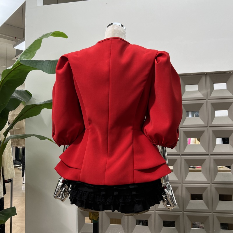Amazon エレガントな英国スタイルのパフスリーブウエストデザインジッパージャケット + シングルサイズスカート夏の女性|undefined