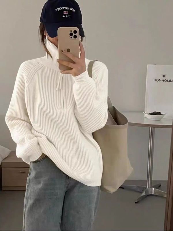 俄罗斯跨境秋冬新款拉链套头毛衣女立领宽松慵懒风保暖外穿针织衫|undefined