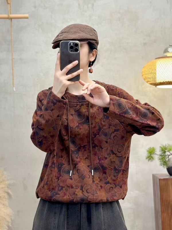 印花连帽卫衣女 秋季新款 复古文艺大码宽松百搭休闲上衣帽衫T恤|undefined