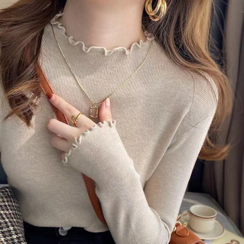 2026 Korean Style Stylish Ruffled Half-Turtleneck Knit Sweater for Women, Autumn and Winter Slim Fit Thin Base Layer Top Trendy