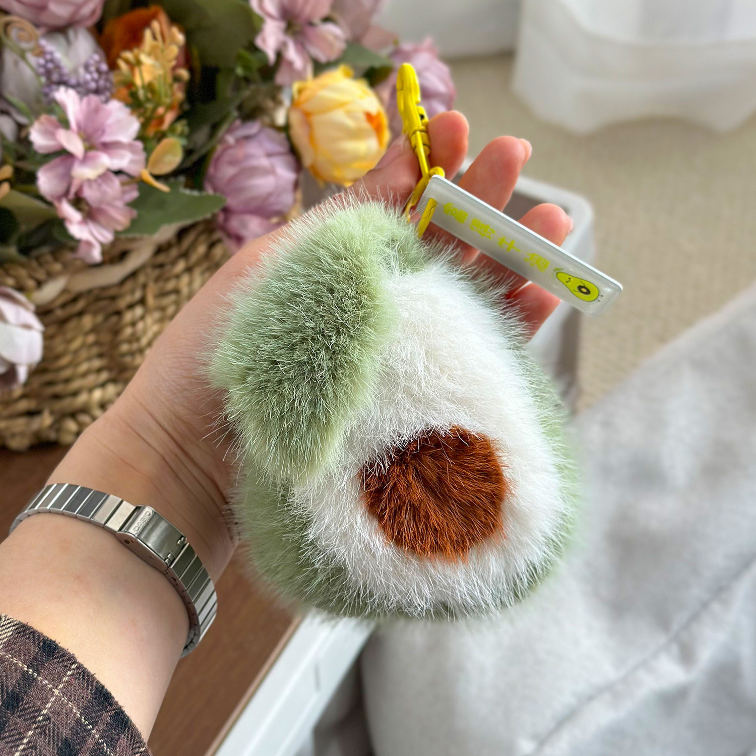 Imitación de piel de conejo rex, algo bueno sucede, hebilla, colgante de felpa, colgante de caqui, colgante de bolsa, colgante de felpa de frutas al por mayor