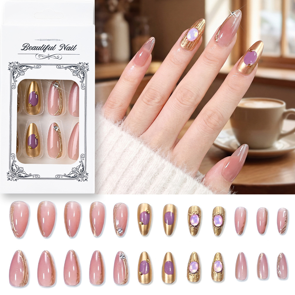 Cross-Border 24-Piece Imitation Diamond Wearable Nails for Girls, Quick Manicure Nail Pieces, Nude Metallic Mirror Powder, Japanese and Korean Style Fake Nails
