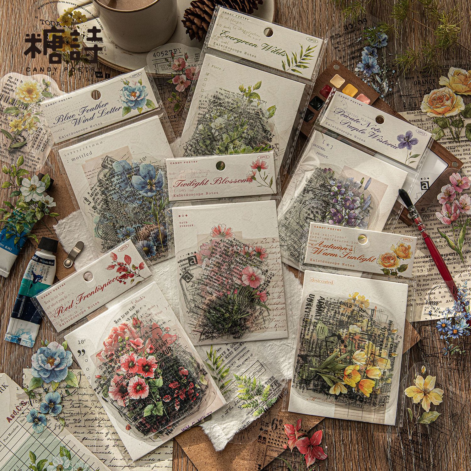 Sugar Poetry Pet White Ink Sticker Pack Kaleidoscope Notes Series Retro Flower Landscaping Theme 10 Sheets in 6 Styles