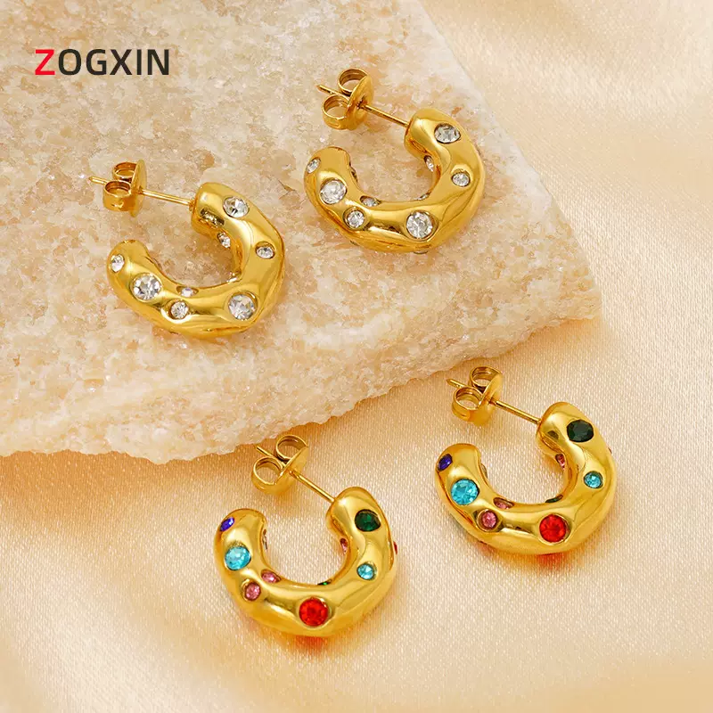 跨境欧美风异形锤纹镶锆石C形耳圈18K镀金不锈钢精美耳环女