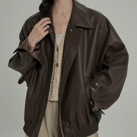 Vintage American-style brown diagonal pocket leather jacket for women, spring and autumn motorcycle PU leather loose long-sleeve top, trendy Vintage American-style brown diagonal pocket leather jacket for women, spring and autumn motorcycle PU leather loose long-sleeve top, trendy