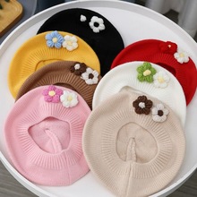 宝宝女童秋冬季毛线贝雷帽针织画家帽花朵潮流可爱