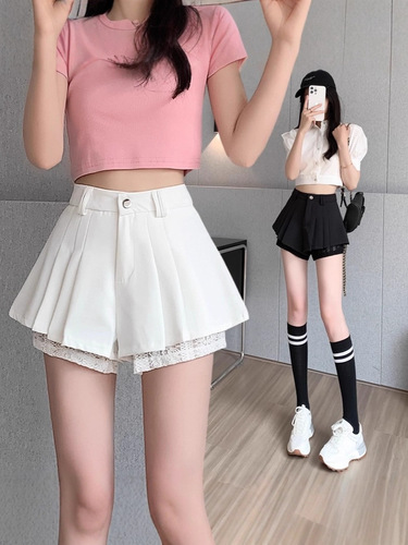 Lace-embroidered satin shorts for women, spring and summer thin high-waisted slimming casual wide-leg skirt pants, temperament petite pleated