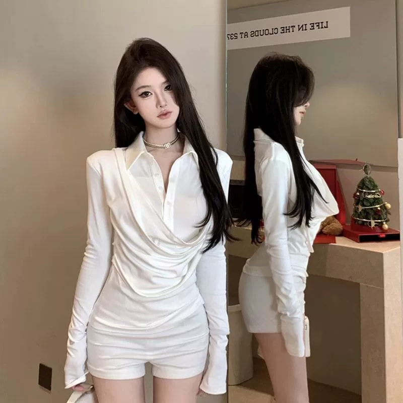 Трансграничный новый стиль ins весенне-осенний воротник сшить поддельные две футболки с длинными рукавами рубашка женская горячая девушка дизайн темпераментный топ