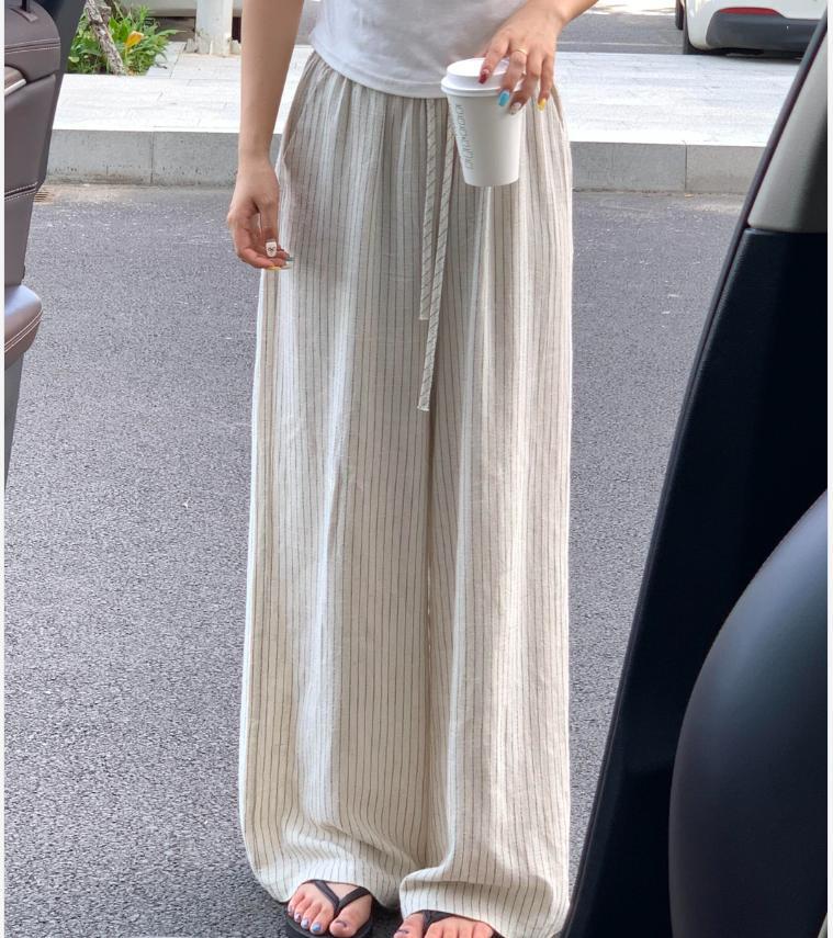 Quần culottes nữ ống rộng vải lanh pha cotton sọc kẻ eo cao dáng suông mùa hè — sọc chi tiết 4