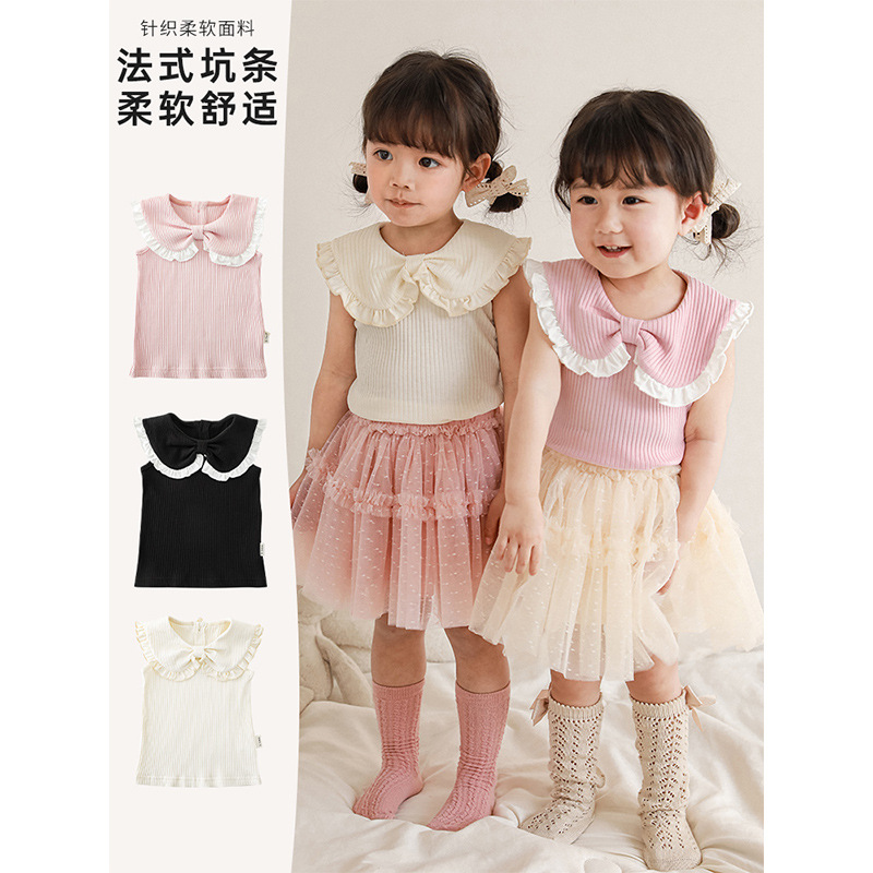 Qiududo niños lindos arco grande collar chaleco verano 2024 nuevas niñas lindo bebé chaleco fino