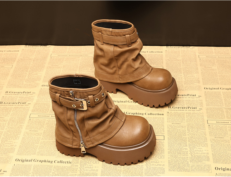 Giày boot nữ cổ thấp đế dày tăng chiều cao phong cách thường ngày — màu đen chi tiết 5