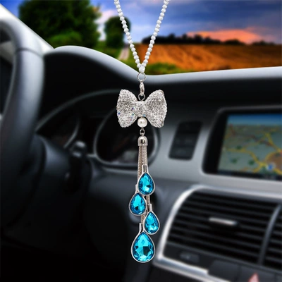 Car hanging | rhinestone pendant car crystal - bowknot-drops-lake-blue
