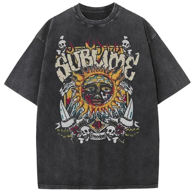 230g Pure Cotton Vintage Sublime Band Sun Skull Print T-Shirt, Pure Cotton Vintage American Retro Short Sleeve 230g Pure Cotton Vintage Sublime Band Sun Skull Print T-Shirt, Pure Cotton Vintage American Retro Short Sleeve