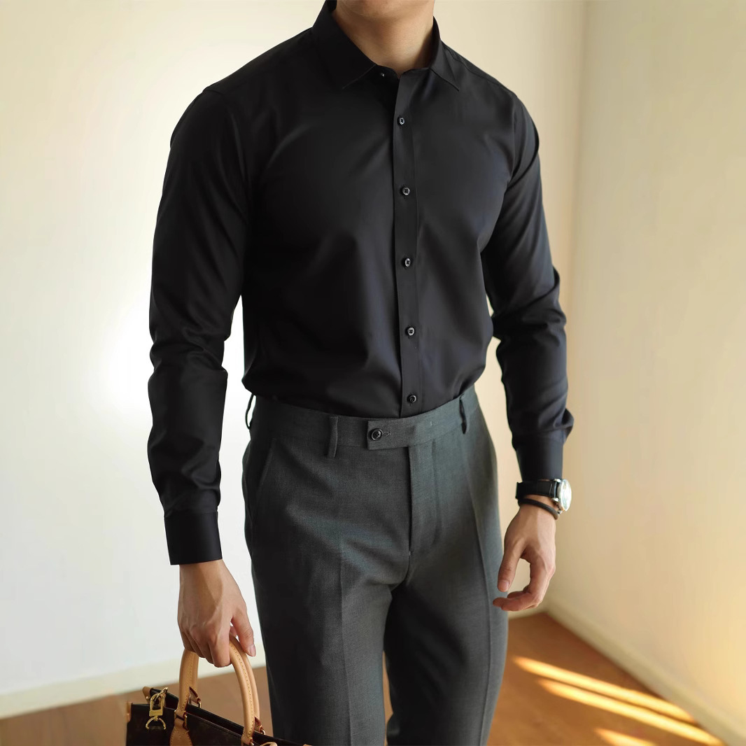 [Grado de lujo] Camisa de color sólido de estilo empresarial Camisa casual de caballero de viaje de manga larga para hombre Camisa formal de alta calidad