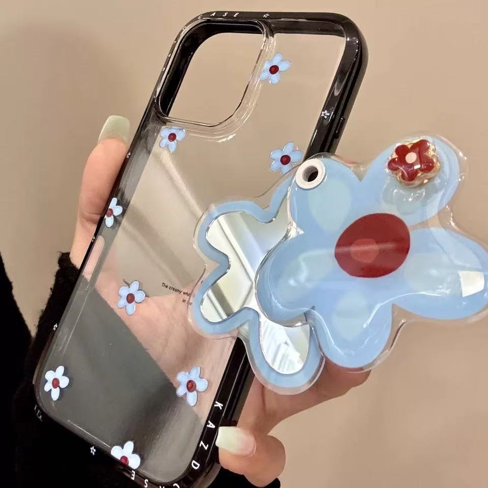 Estilo coreano ins azul floral pequeño para iphone16ProMax soporte de espejo 14 funda para teléfono móvil Apple 15P 13