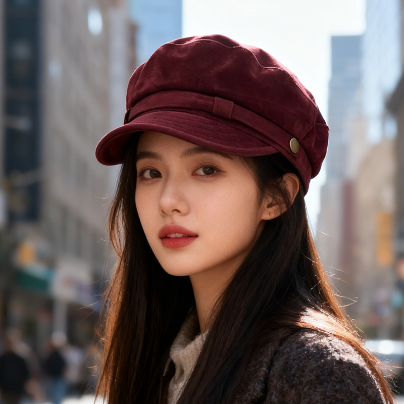 日系复古麂皮绒贝雷帽子女秋冬新款平顶画家帽大头围显脸小海军帽|undefined