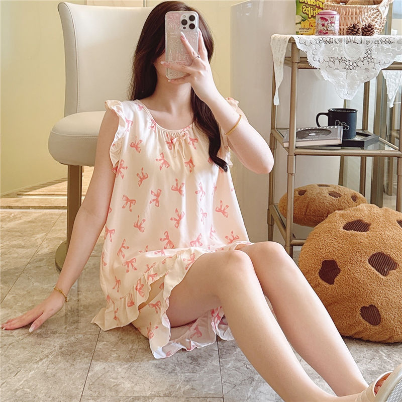 人造棉睡衣女春夏季棉绸印花家居服甜美可爱可外穿格纹无袖套装|undefined