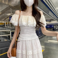 设计感短袖t恤女2025新款夏正肩显瘦蕾丝法式蓝色一字肩露肩上衣