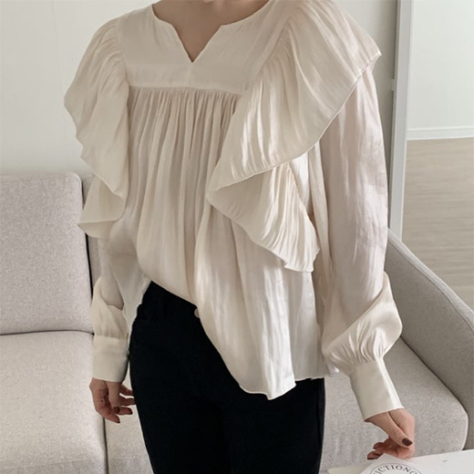 Solid Color Puff Sleeves Lotus Leaf Pleated Top NSFYF115741