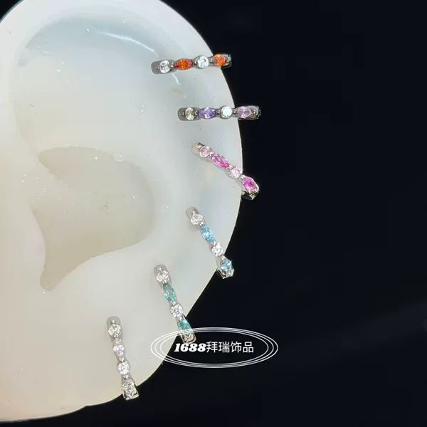 Multi-Color Ear Studs with Eco-Friendly Electroplating, Ultra-Shiny Zircon, Cochlear Ear Bone Studs, Marquise Color-Blocking Straight Pin Ear Clips, Ear Hoops for Daily Wear