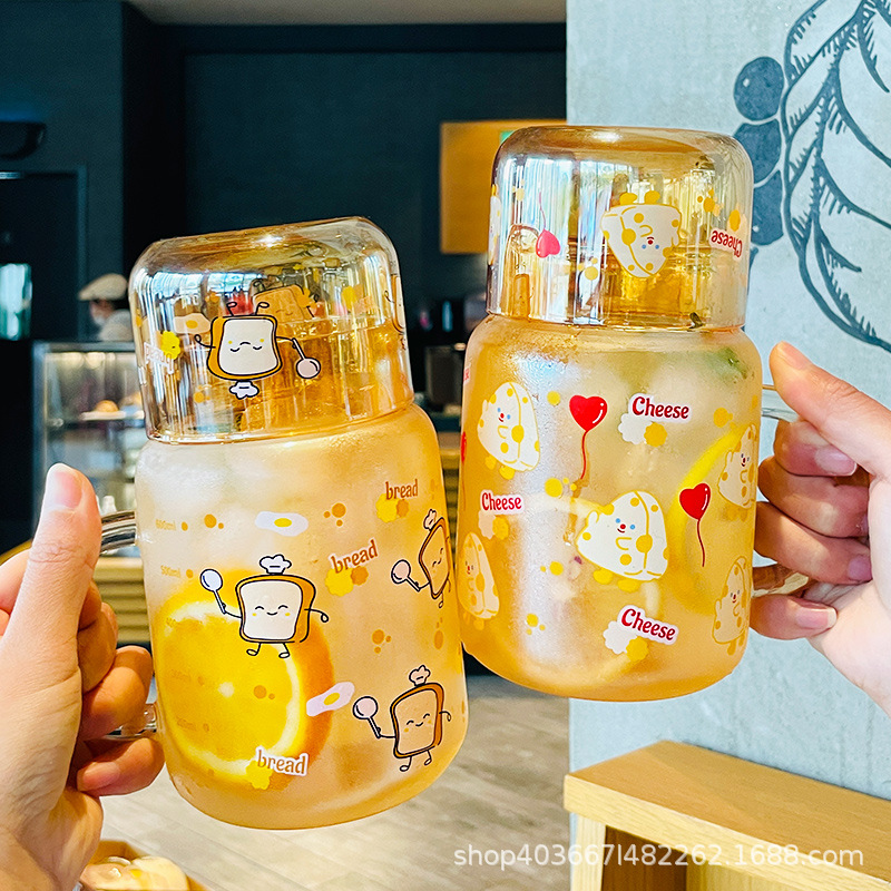 琥珀玻璃杯高颜值大容量一人饮水壶卡通喝水杯带把带盖耐高温杯子