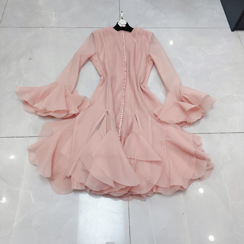 Thirteen Lines Vietnamese Designer Long Buttoned Long Sleeve Dress with Petal Overlay Gentle Style Dress C1 # 1605