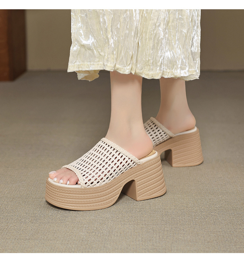 Sandal cao gót nữ đế dày phong cách La Mã, mũi hở, quai đan lộng lẫy — màu đen, màu trắng ngà chi tiết 13