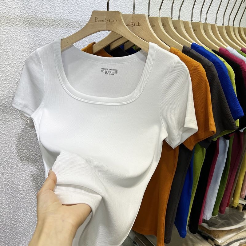 2025 夏の新スタイルスクエアネック露出鎖骨無地半袖 Tシャツ女性のスリムスレッドスリムショルダートップ|undefined
