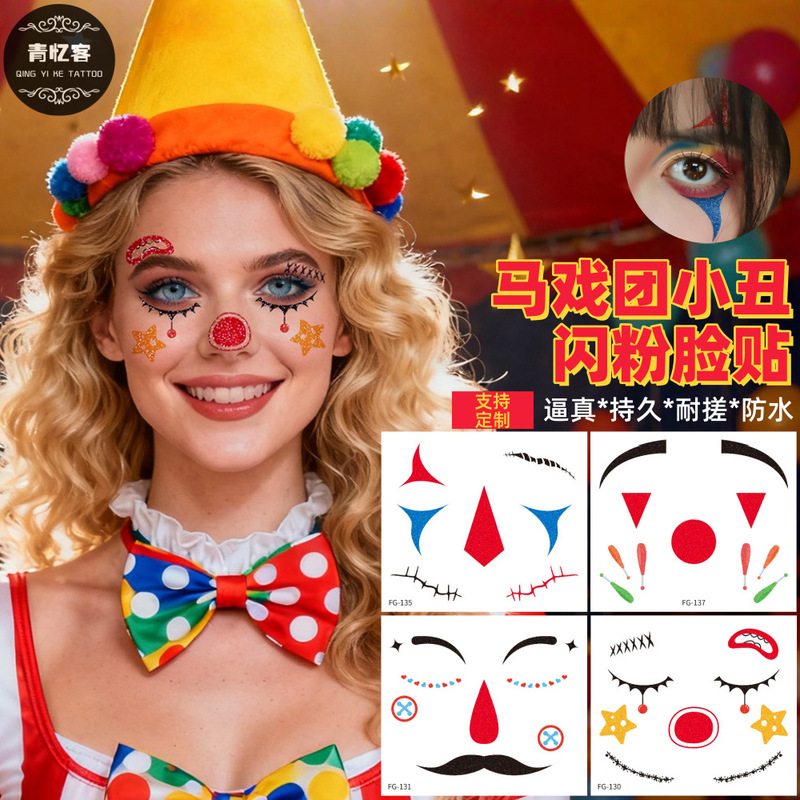 Cross-Border Supply Wholesale Clown Makeup Glitter Face Stickers Painted Facial Tattoo Stickers Waterproof Holiday Performance Universal