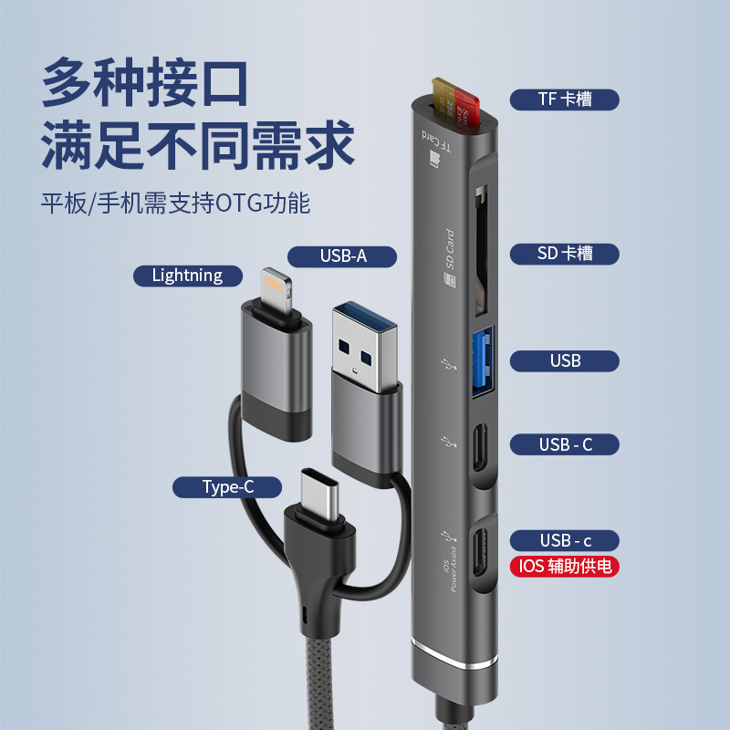 新款三头五合一读卡器适用苹果华为手机平板电脑通用读tf卡sdU盘|undefined