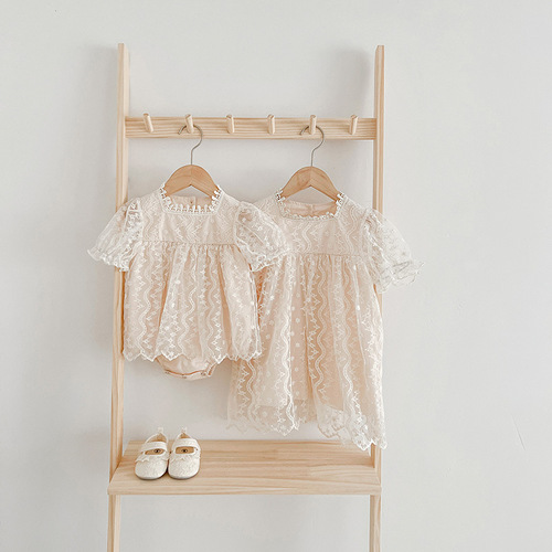 Summer New Lace Edge Short Sleeve Baby Girls' Korean Style Sister Set Girls' Princess Dress Net Fabric Tunic