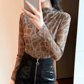 2025新款半高领网纱打底衫内搭流行女士纱衣t恤上衣代发